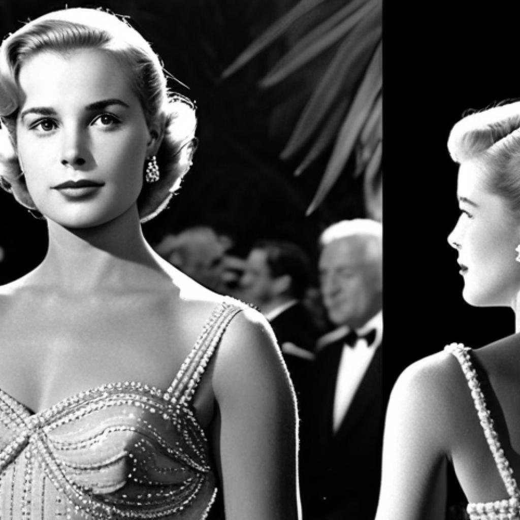 **

Prompt: Grace Kelly, 1950s, elegant, wearing a stylish dress, possibly Dior or similar designer, posing at the Cannes Film Festival, Prince Rainier III in the background, glamorous, classic Hollywood, soft focus, romantic lighting.

**