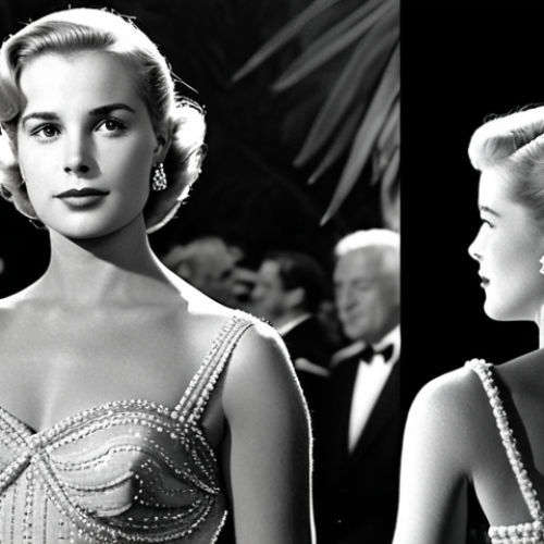 **

Prompt: Grace Kelly, 1950s, elegant, wearing a stylish dress, possibly Dior or similar designer, posing at the Cannes Film Festival, Prince Rainier III in the background, glamorous, classic Hollywood, soft focus, romantic lighting.

**